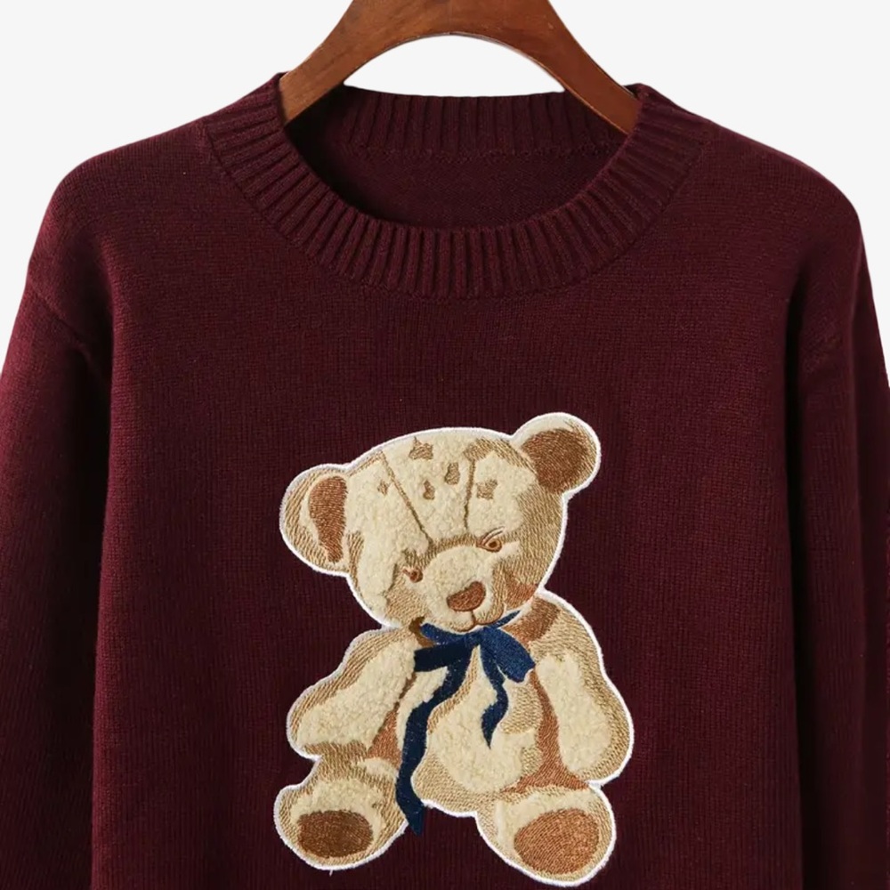 New Women's Burgundy Adorable Graphic Teddy Bear Knit Sweater Soft & Cozy XXL - Picture 6 of 10